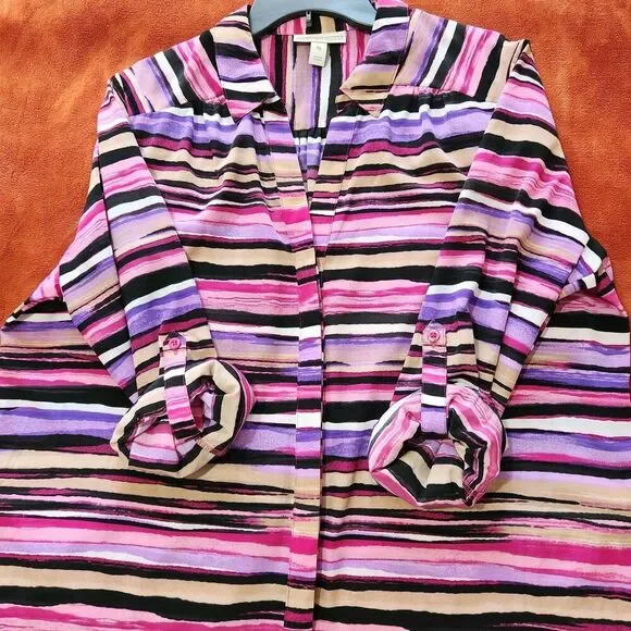 DANA BUCHMAN Top Roll Tab Sleeve Striped Size XL Hide Buttons - Picture 9 of 12